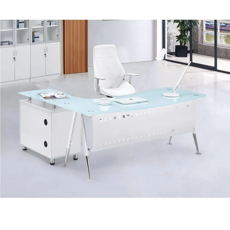 1.6 Metre Glass Top Office Desk-White