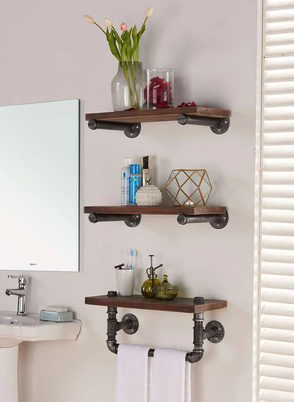 20" Conrad Industrial Pine Wood Floating Wall Shelf in Gray and Walnut Finish By Armen Living