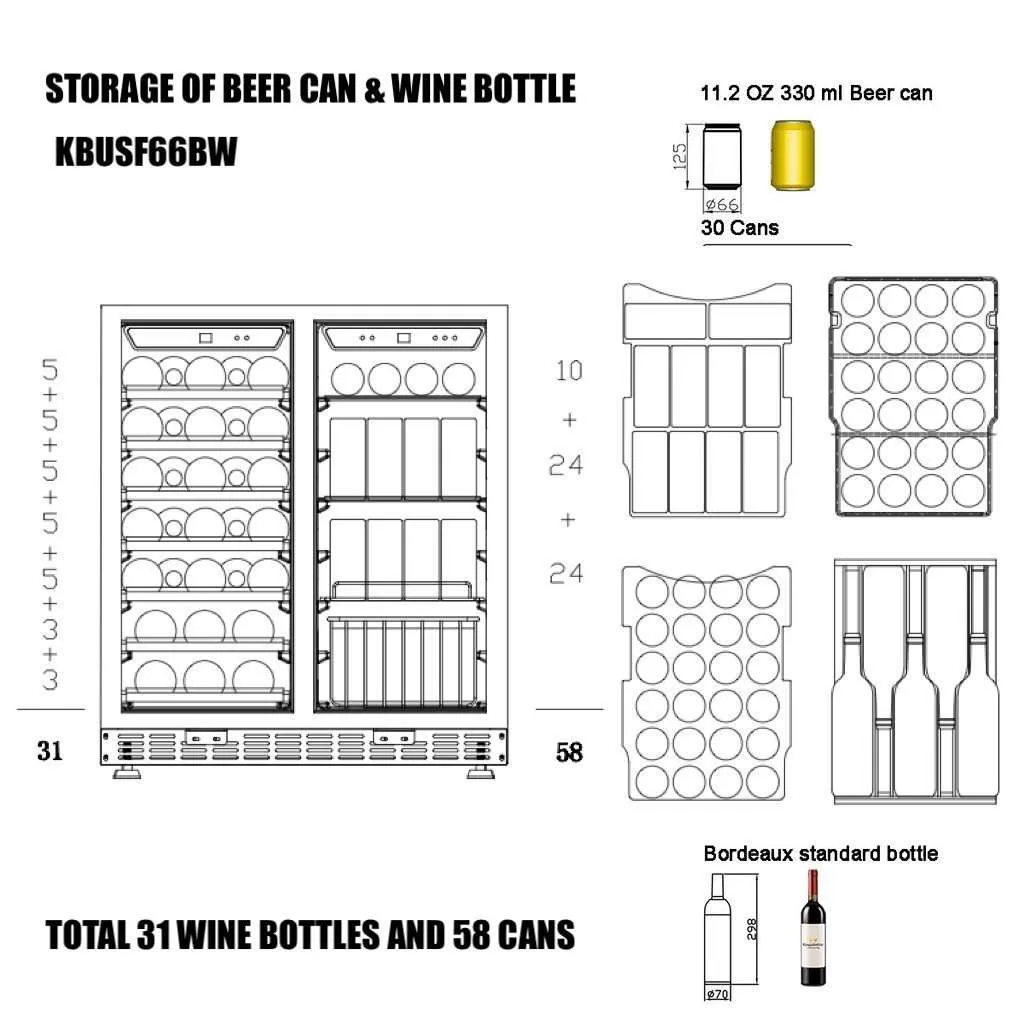 30" Under Counter Low-E Glass Door Wine and Beer Cooler Combo