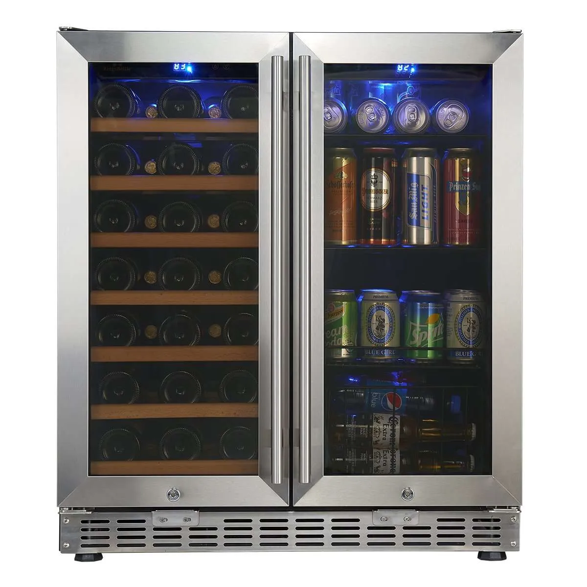 30" Under Counter Low-E Glass Door Wine and Beer Cooler Combo