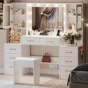 58" Extra Large Vanity Desk with LED Mirror, 8 Drawers, 2 Cabinets, and Charging Station