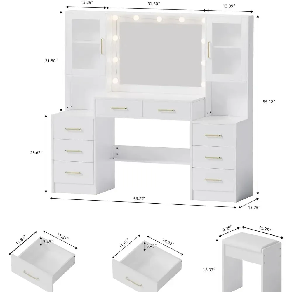 58" Extra Large Vanity Desk with LED Mirror, 8 Drawers, 2 Cabinets, and Charging Station