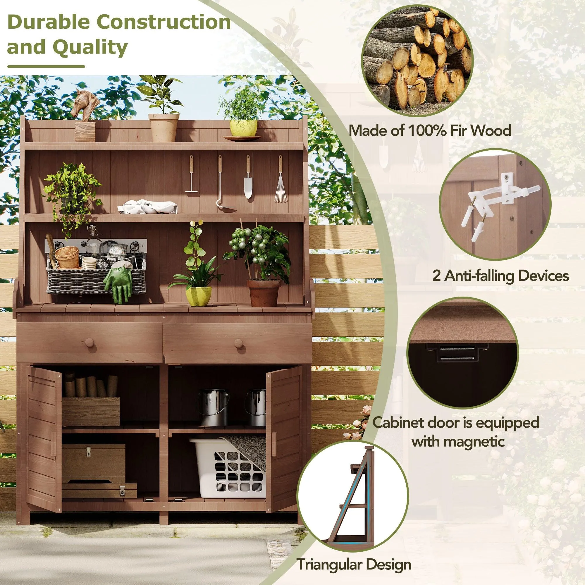 65" Garden Potting Bench Table: Fir Wood Workstation with Storage Shelf, Drawer, and Cabinet, Brown