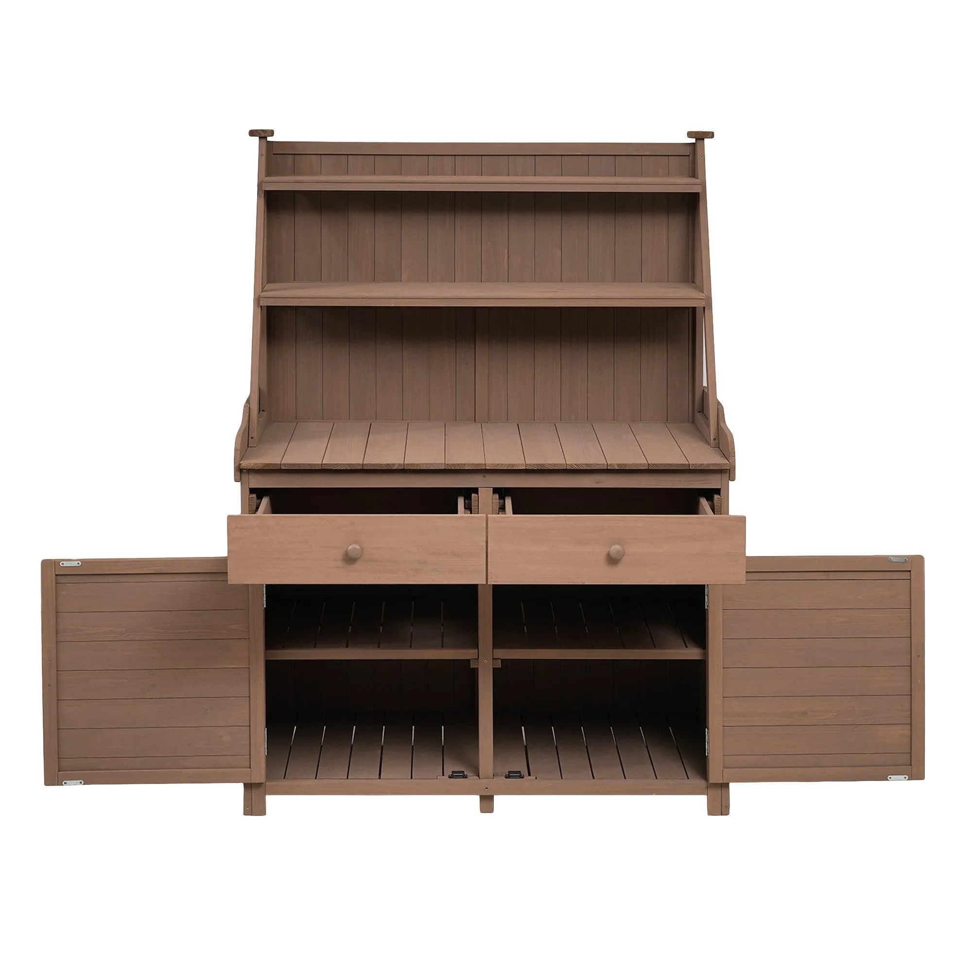 65" Garden Potting Bench Table: Fir Wood Workstation with Storage Shelf, Drawer, and Cabinet, Brown