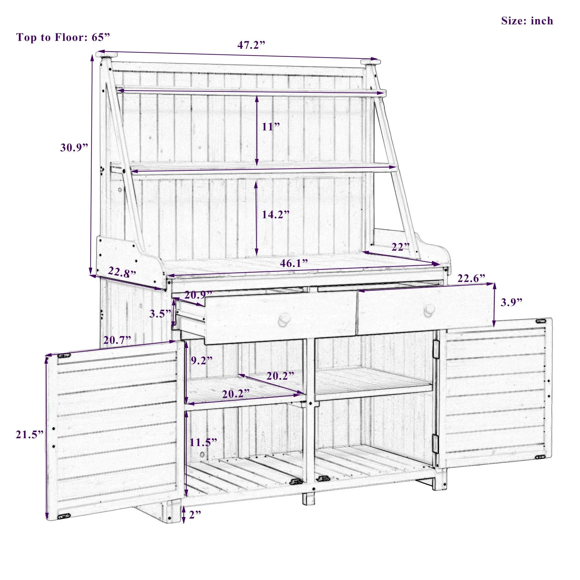 65" Garden Potting Bench Table: Fir Wood Workstation with Storage Shelf, Drawer, and Cabinet, Brown