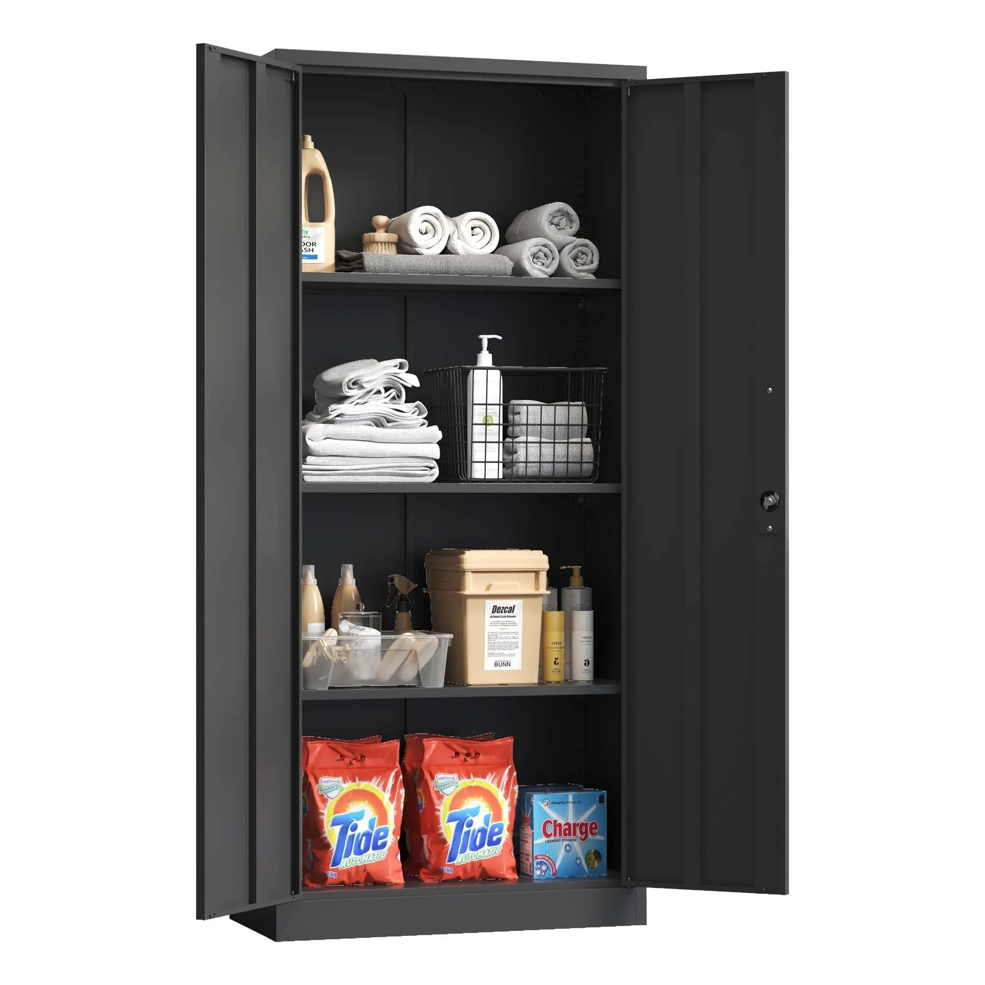 71"H Metal Garage Storage Cabinet, Black Tool Steel Locking Cabinet with Doors and 3 Shelves, Tall Cabinets for Garage Storage Systems Lockable File Cabinet for Home Office, Classroom/Pantry