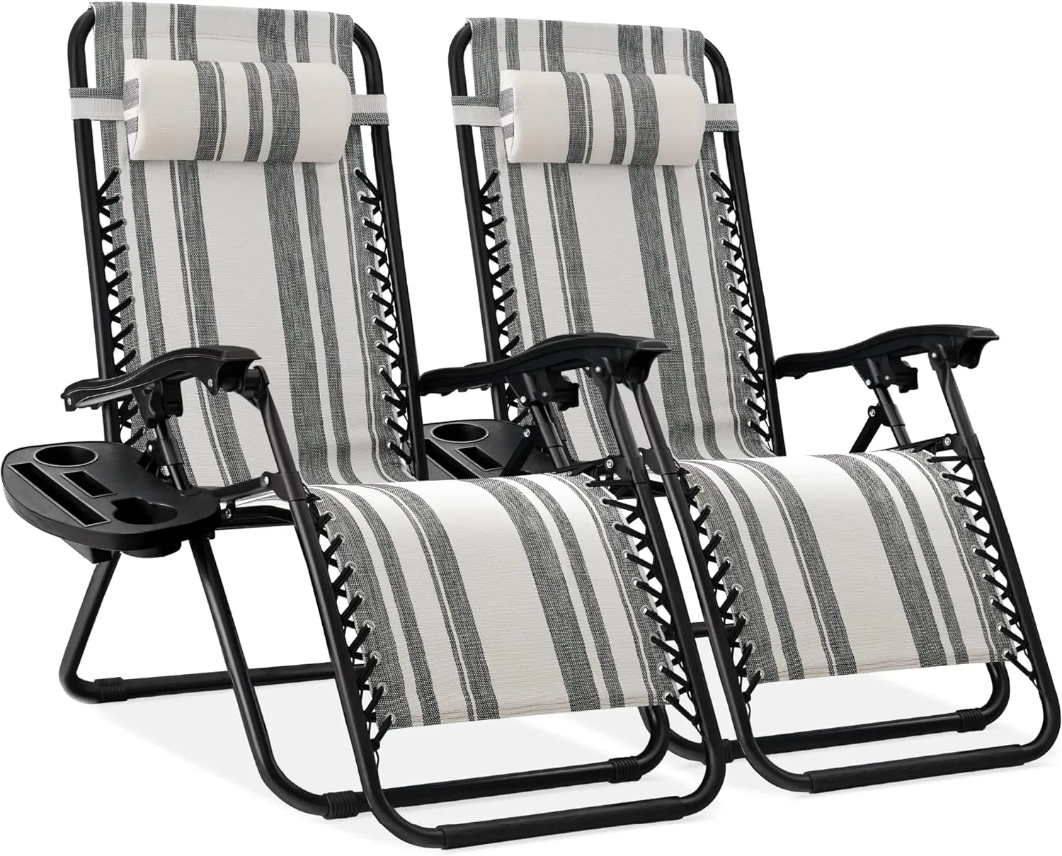 Best Choice Products Set of 2 Adjustable Steel Mesh Zero Gravity Lounge Chair Recliners w/Pillows and Cup Holder Trays - Gray Stripes