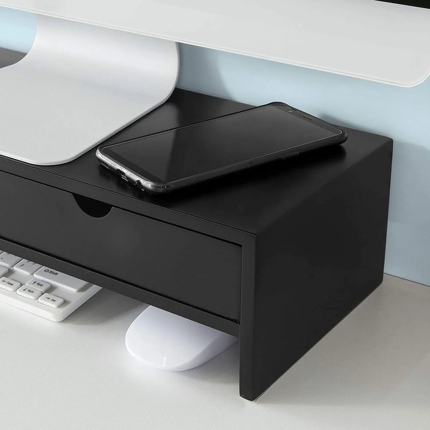 Black Monitor Stand Desk Organizer with 2 Drawers