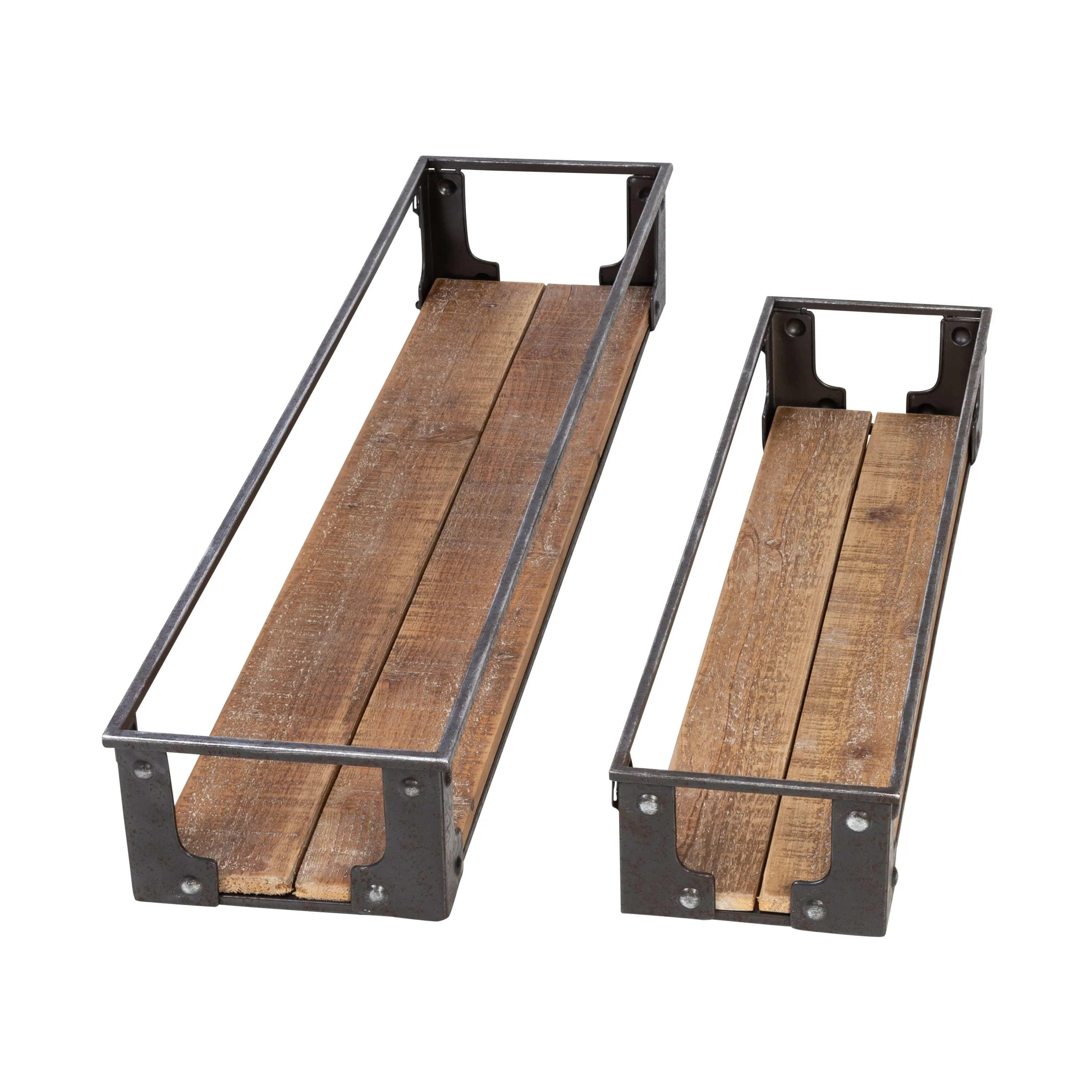 Black/Natural Floating Metal and Wood Wall Shelves (Set of 2)