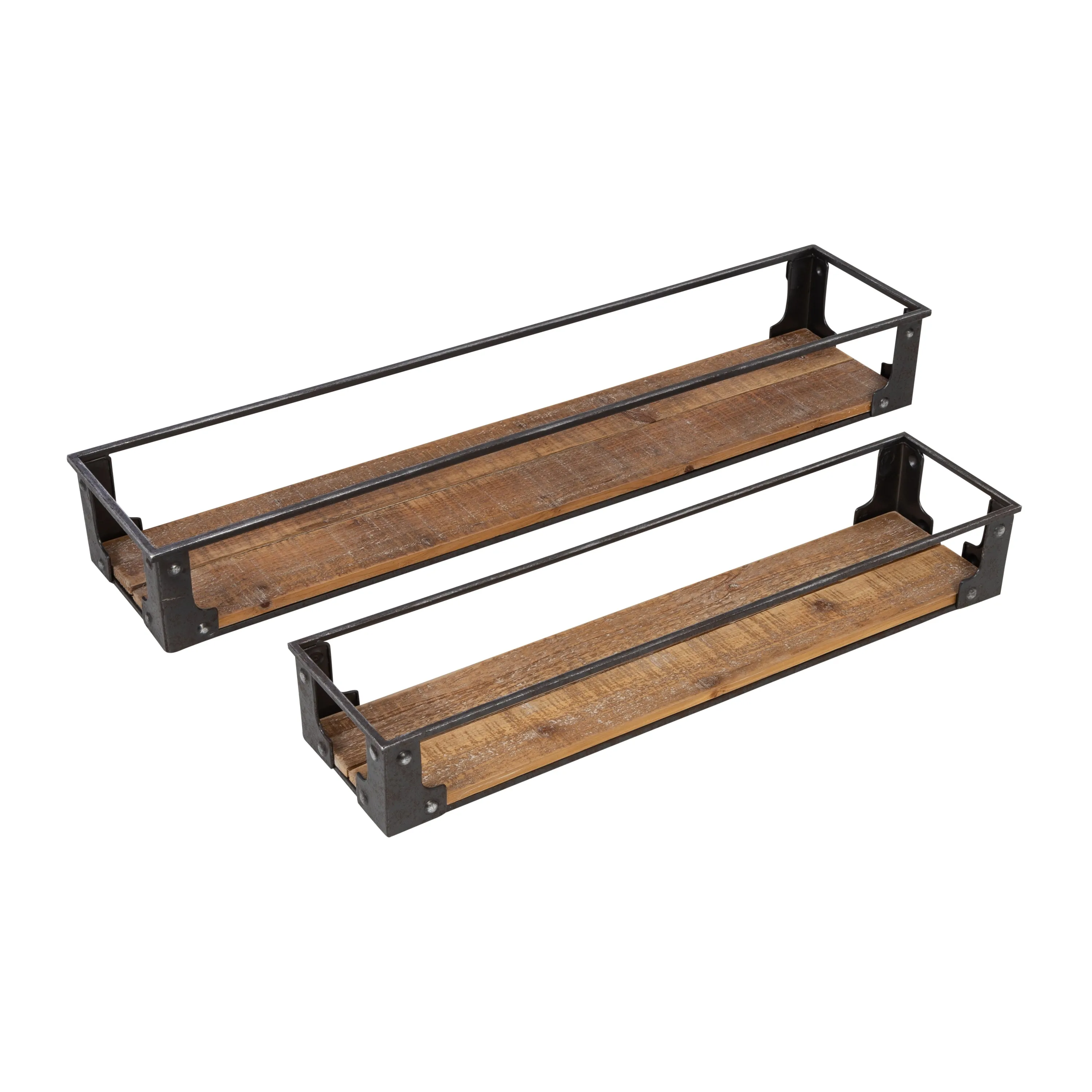 Black/Natural Floating Metal and Wood Wall Shelves (Set of 2)