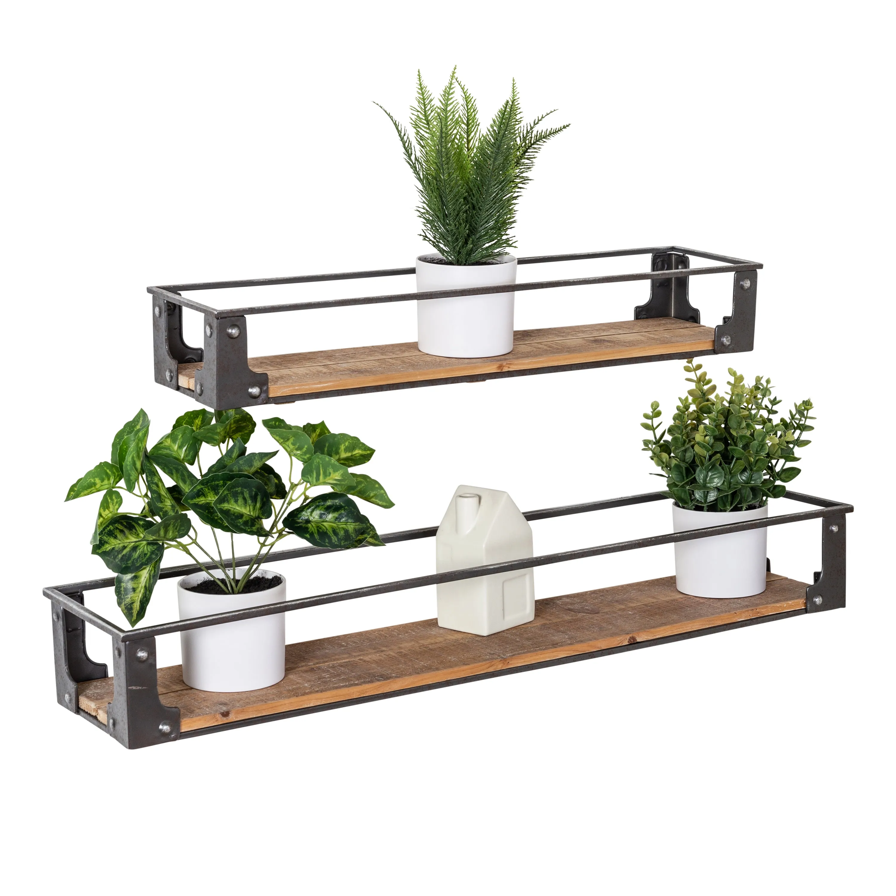 Black/Natural Floating Metal and Wood Wall Shelves (Set of 2)