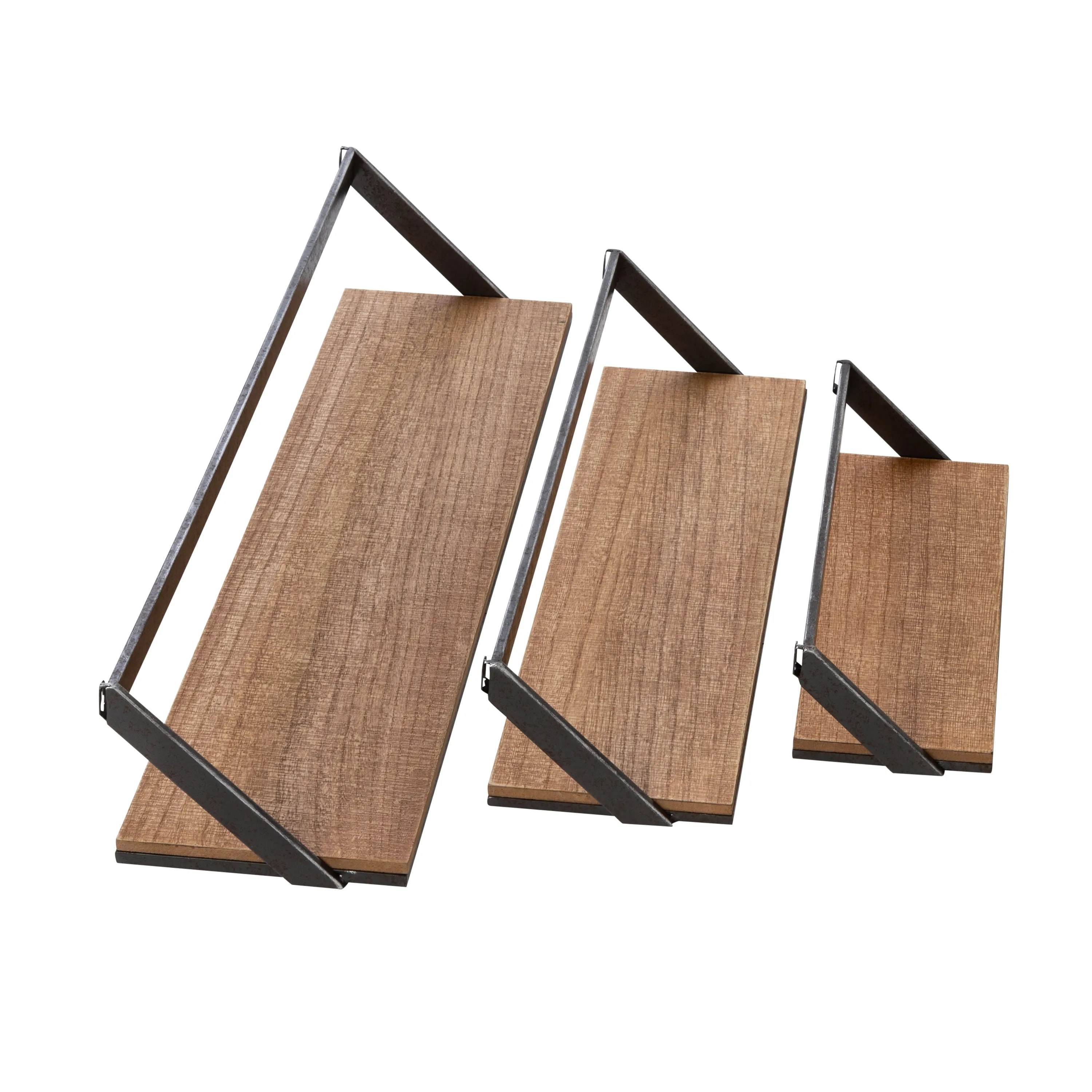 Black/Natural Floating Metal and Wood Wall Shelves (Set of 3)