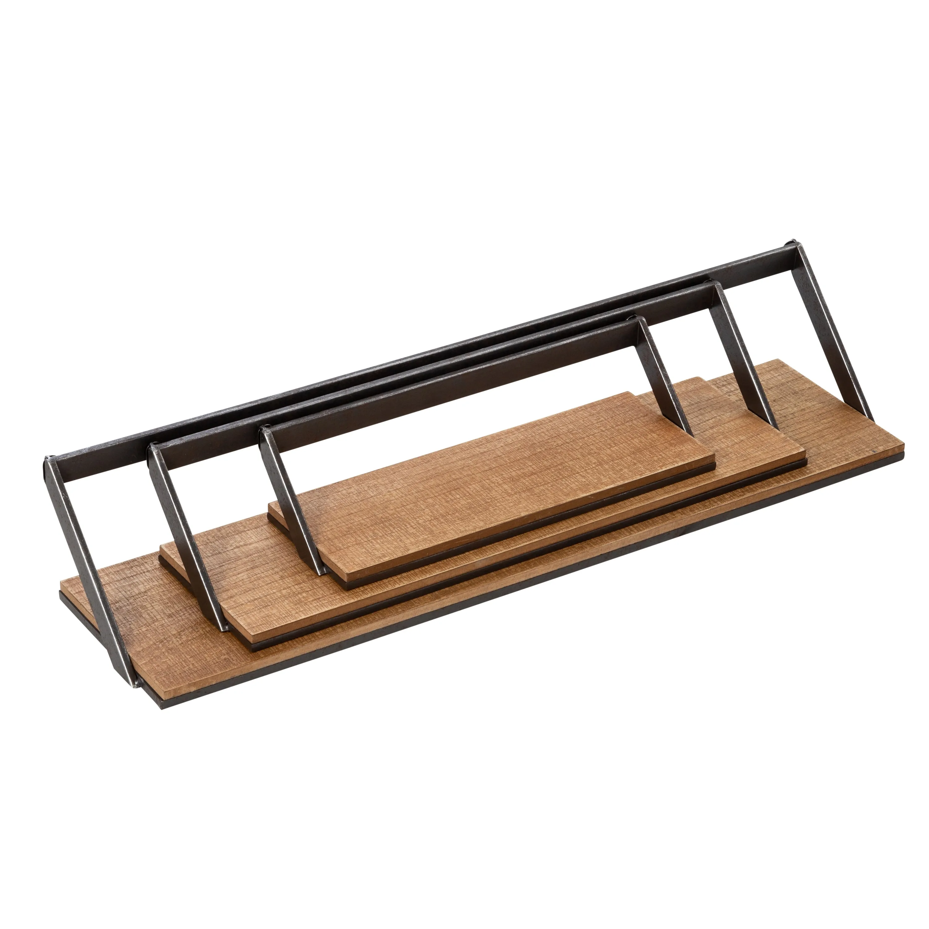 Black/Natural Floating Metal and Wood Wall Shelves (Set of 3)