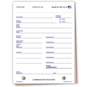 Commission Voucher (Form CV-59) - 4-1/4" x 5-5/8" Size, 3-Part Snap-Out Carbonless Forms (White, Canary, Pink) - Pre-Punched File Holes - Accurate Sales Commission Tracking