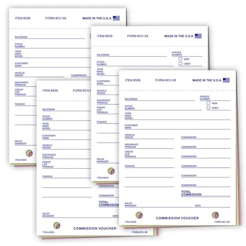 Commission Voucher (Form CV-59) - 4-1/4" x 5-5/8" Size, 3-Part Snap-Out Carbonless Forms (White, Canary, Pink) - Pre-Punched File Holes - Accurate Sales Commission Tracking