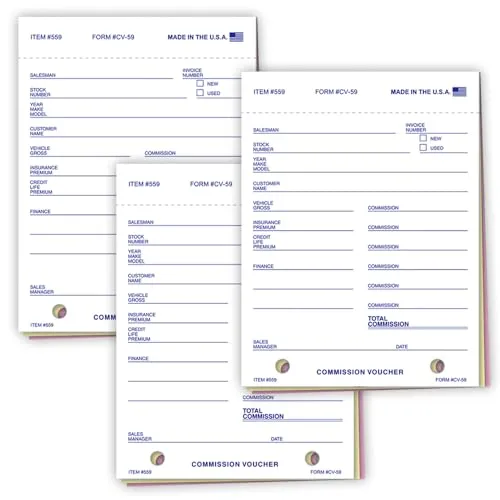 Commission Voucher (Form CV-59) - 4-1/4" x 5-5/8" Size, 3-Part Snap-Out Carbonless Forms (White, Canary, Pink) - Pre-Punched File Holes - Accurate Sales Commission Tracking