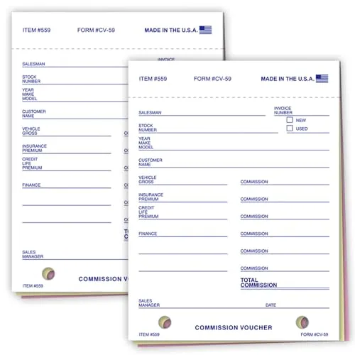 Commission Voucher (Form CV-59) - 4-1/4" x 5-5/8" Size, 3-Part Snap-Out Carbonless Forms (White, Canary, Pink) - Pre-Punched File Holes - Accurate Sales Commission Tracking