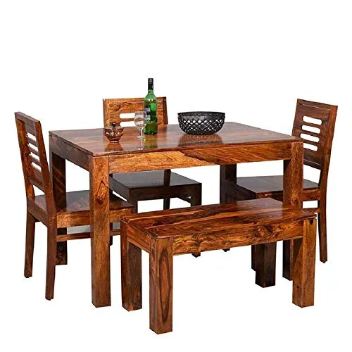 Douceur Furnitures Sheesham Wood Four Seater Dining Table with 3 Chairs &1 Bench | Finish:-Honey Finish |