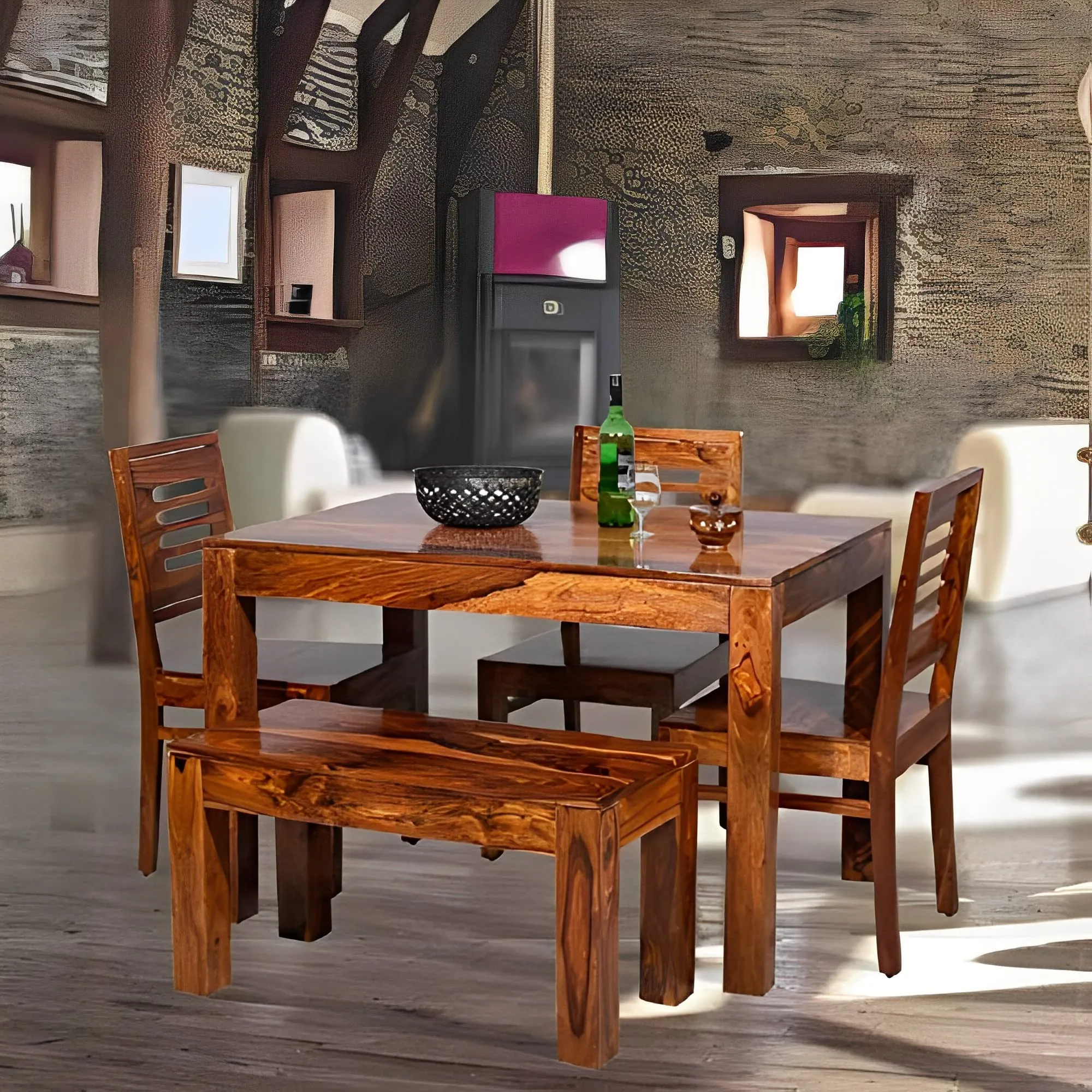 Douceur Furnitures Sheesham Wood Four Seater Dining Table with 3 Chairs &1 Bench | Finish:-Honey Finish |