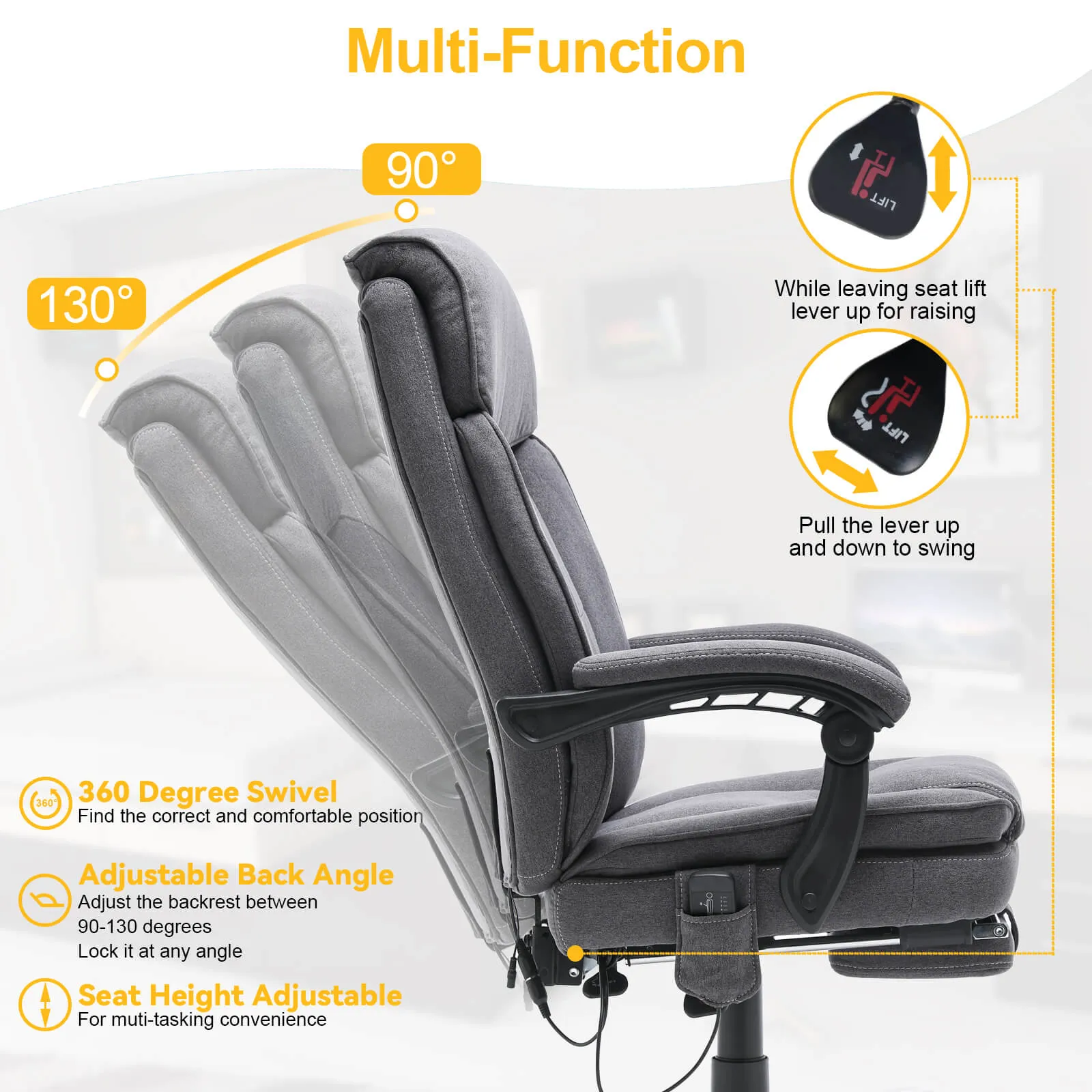 Ergonomic Reclining  Massage Office Chair Gifts For College with Breathable Fabric Dark Gray