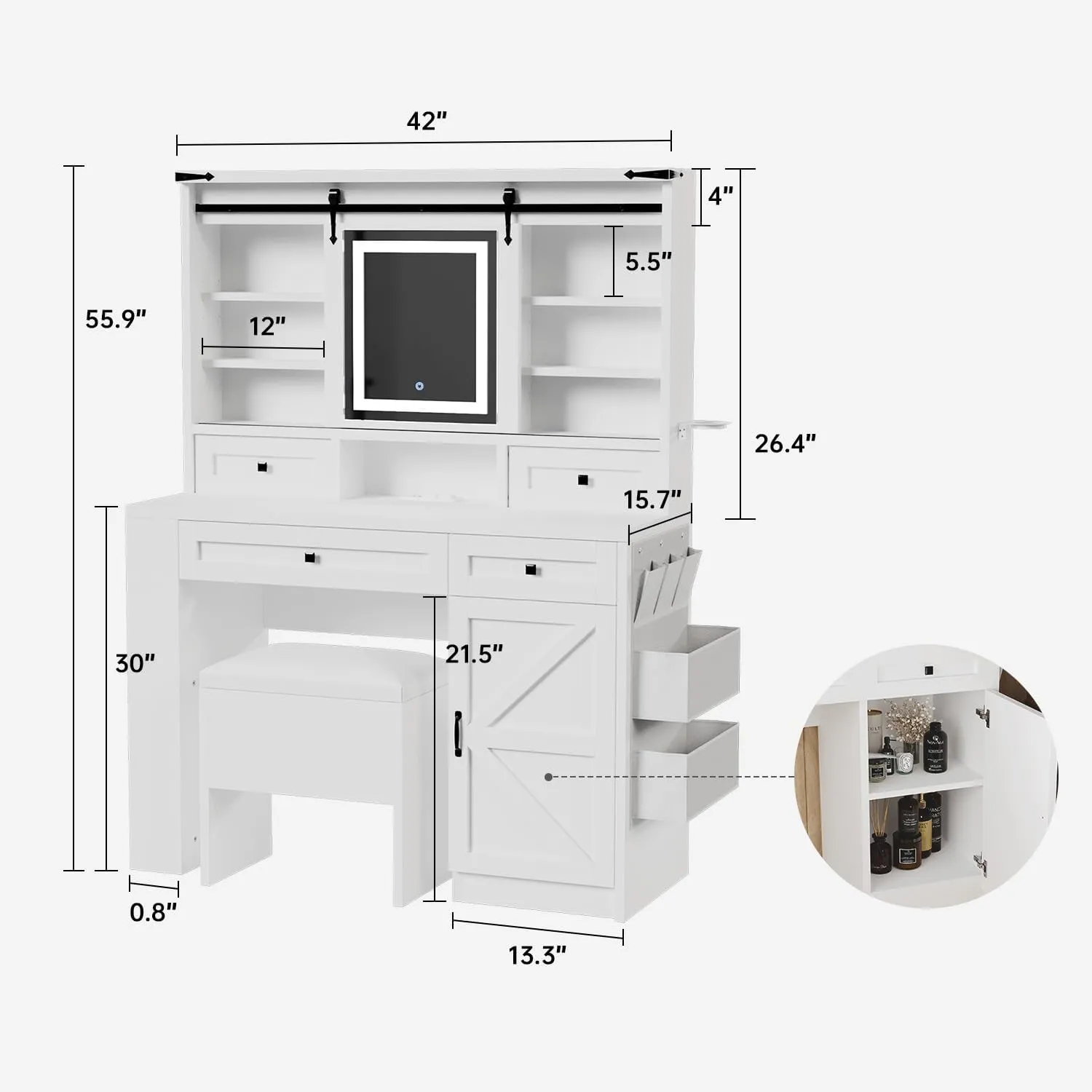 Farmhouse Sliding LED Lighted Mirror Vanity Desk with Drawers, Cabinet & Side Storage Bag