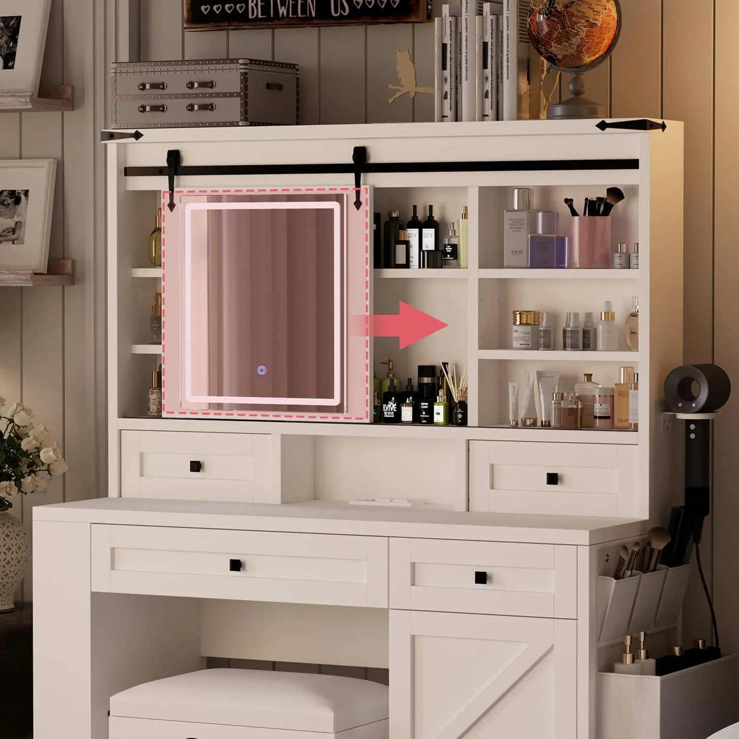 Farmhouse Sliding LED Lighted Mirror Vanity Desk with Drawers, Cabinet & Side Storage Bag