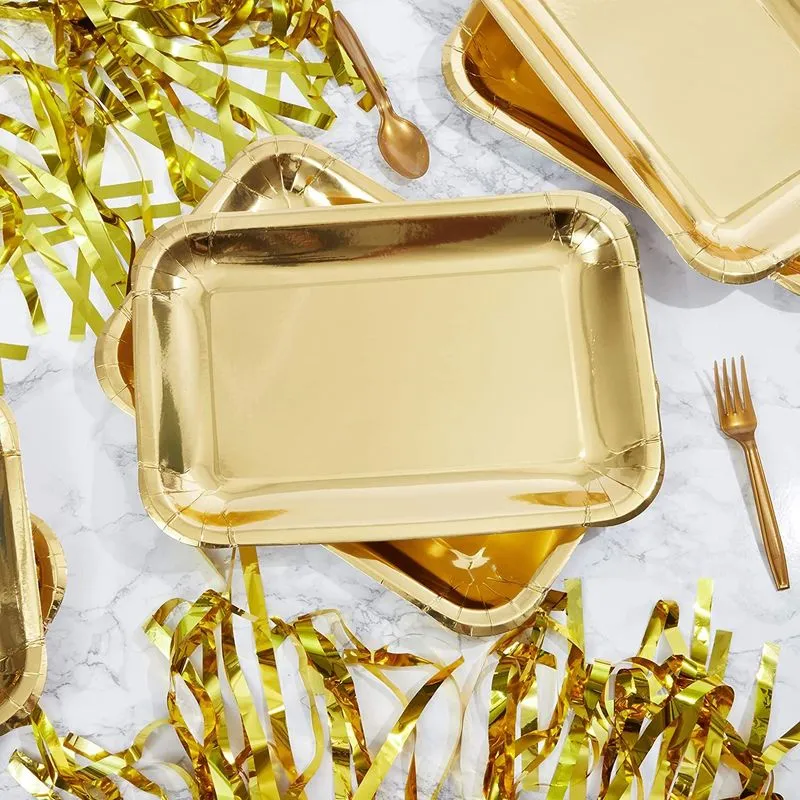 Gold Foil Paper Serving Trays for Parties and Decoration (9 x 13 in, 24 Pack)