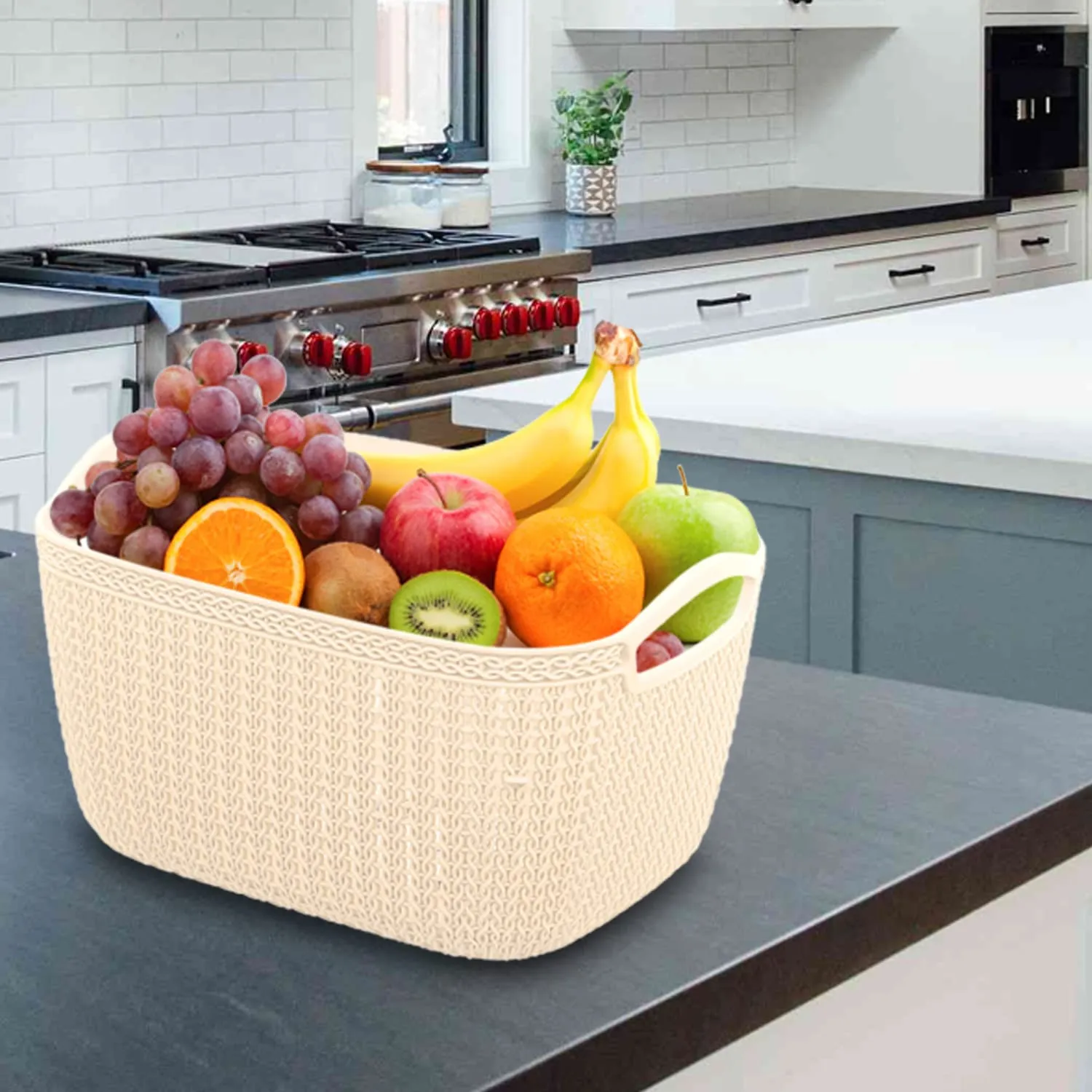 Heart Home Q-5 Designer Plastic Storage Basket For Store Fruits, Vegetables, Magazines, Cosmetics, Stationary Pack of 4 (Beach)-50HH01620