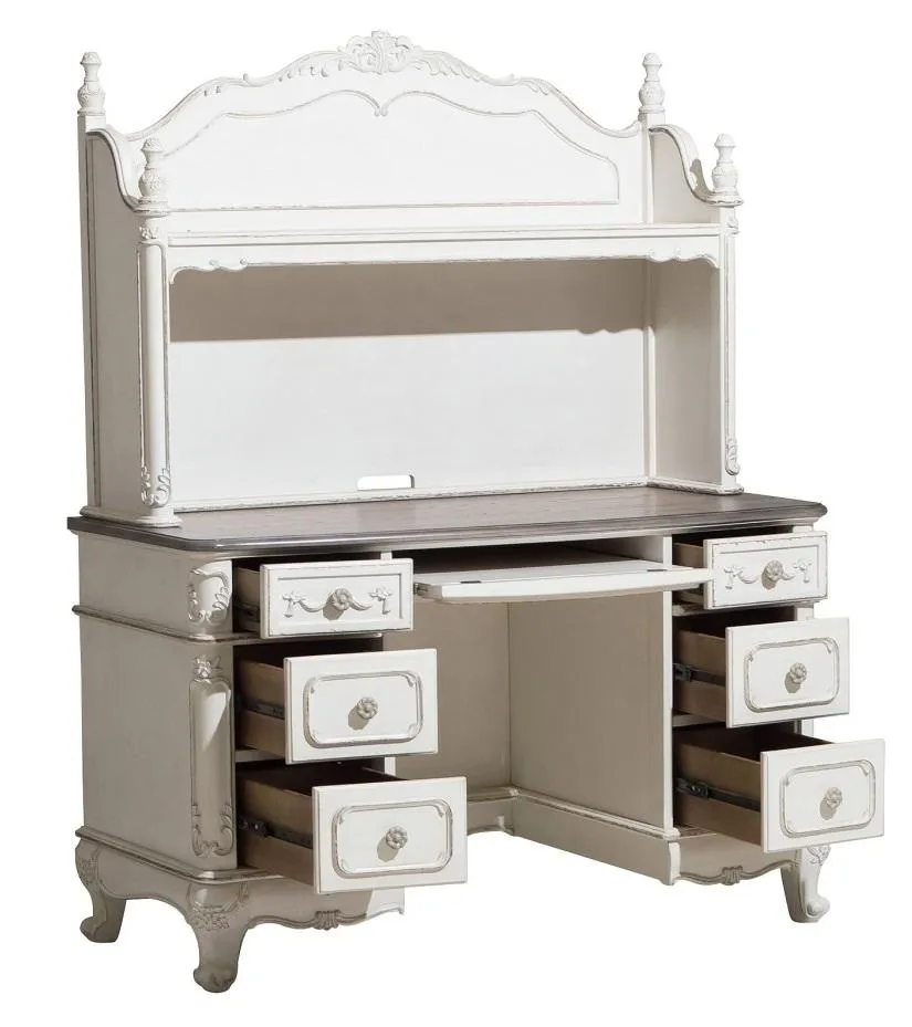 Homelegance Cinderella Writing Desk and Hutch in Antique White with Grey Rub-Through