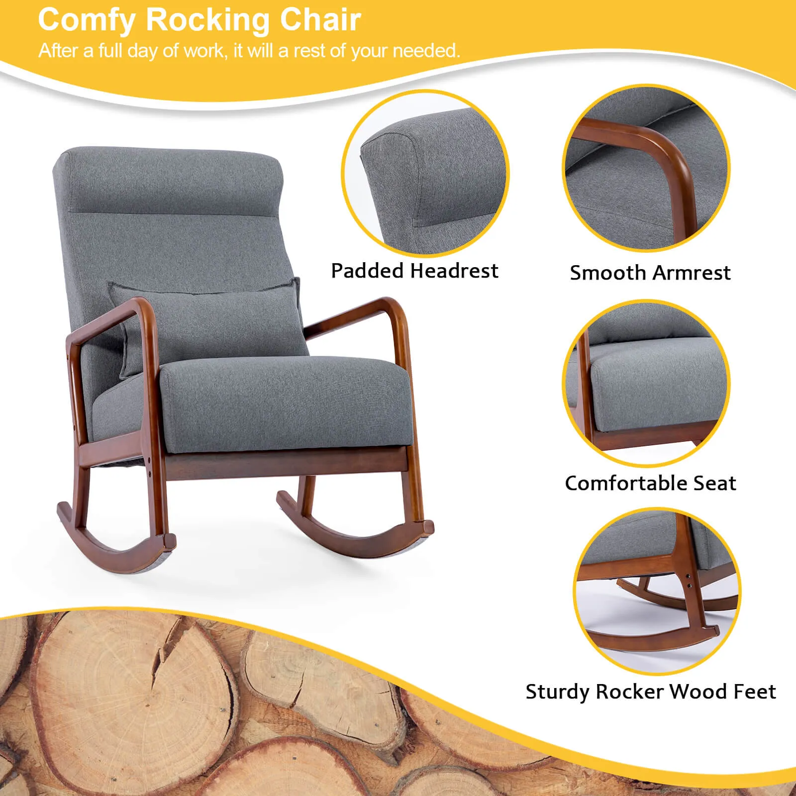 HOMREST Rocking Chair Ottoman Set, Mid-Century Upholstered Nursery Glider with Pillow (Gray)