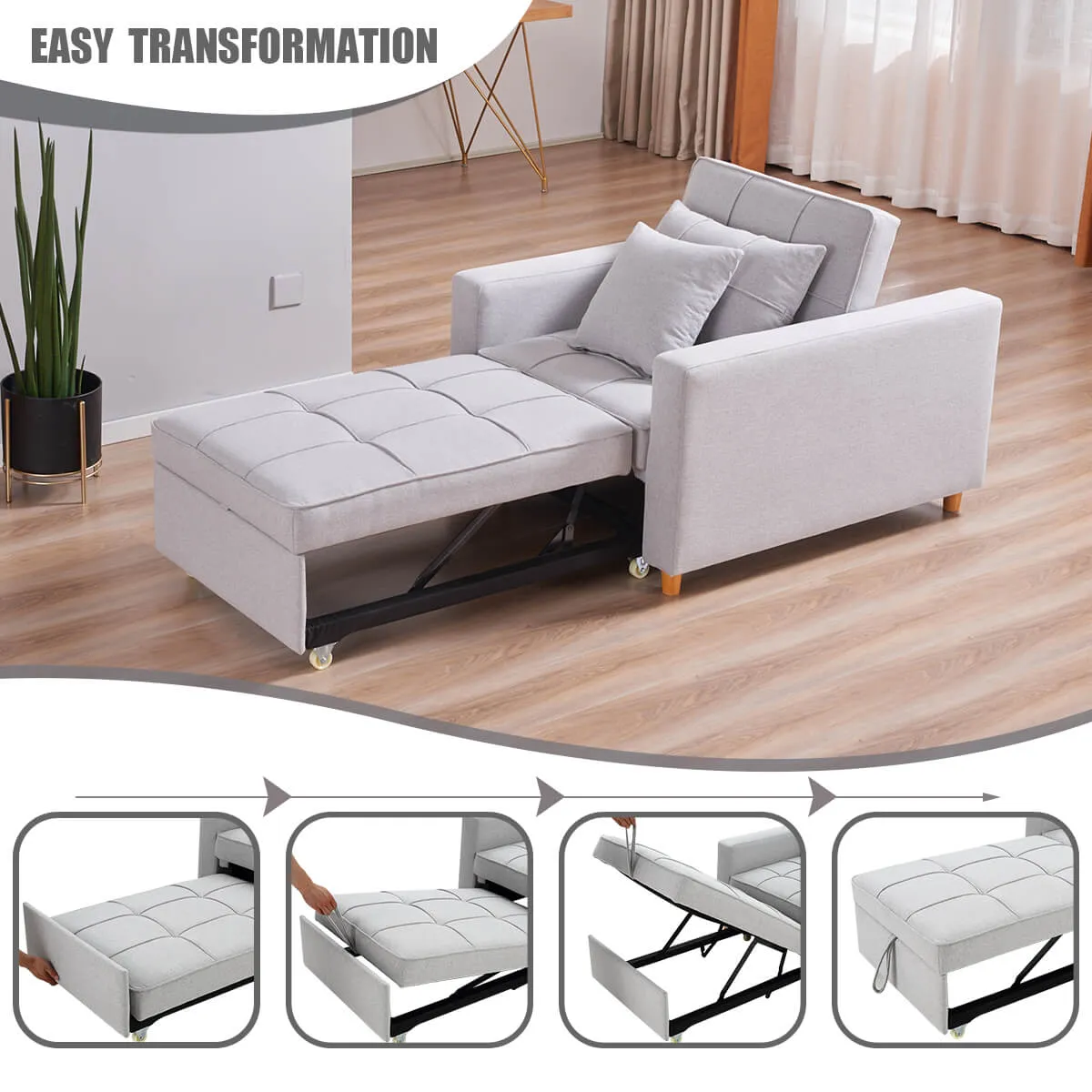 Homrest Sofa Bed 3-in-1 Convertible Chair Multi-Functional Sofa Bed Adjustable Recliner(Light Grey)