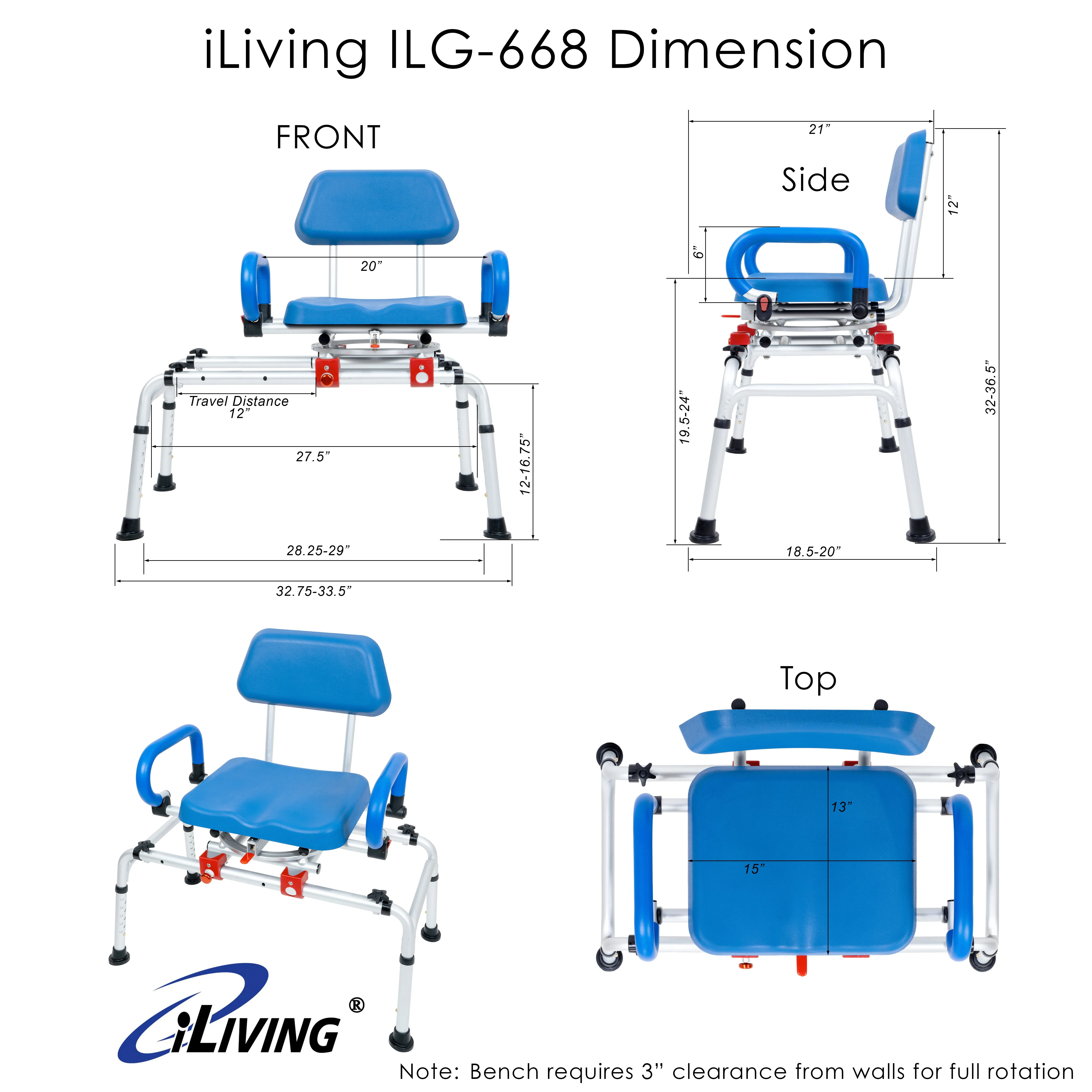 ILG-668 -  iLIVING Tub Transfer Bench Shower Chair for Inside Shower with Easy Access Swivel Padded Seat and Pivoting Arms, and Adjustable Height for Handicap and Seniors, Blue