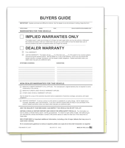 Implied Warranty File Copy Buyers Guide for Car Dealerships - 2-Part Carbonless Forms - White, Canary - No Adhesive or Tape - Perfect for Holder or Filing - 8-1/2" × 11