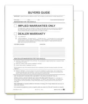 Implied Warranty File Copy Buyers Guide for Car Dealerships - 2-Part Carbonless Forms - White, Canary - No Adhesive or Tape - Perfect for Holder or Filing - 8-1/2" × 11