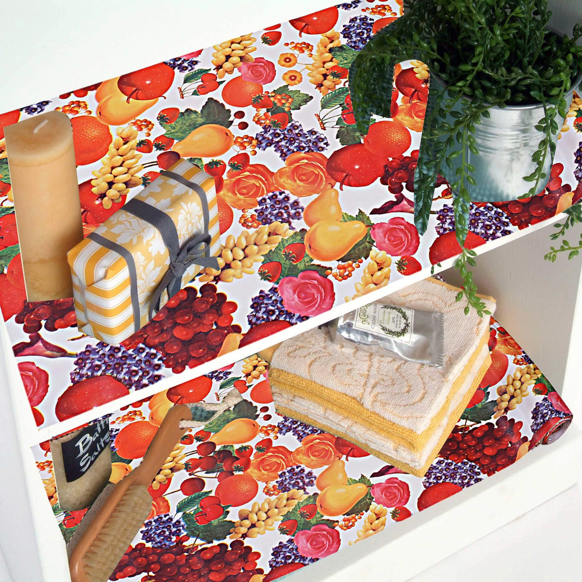 Kuber Industries Kitchen Drawer/Cabinet Shelf Mat|Friut & Flower Print with PVC Material|Adjustable Size 10 Mtr Roll (Cream)-CTKTC013554, Polyvinyl Chloride