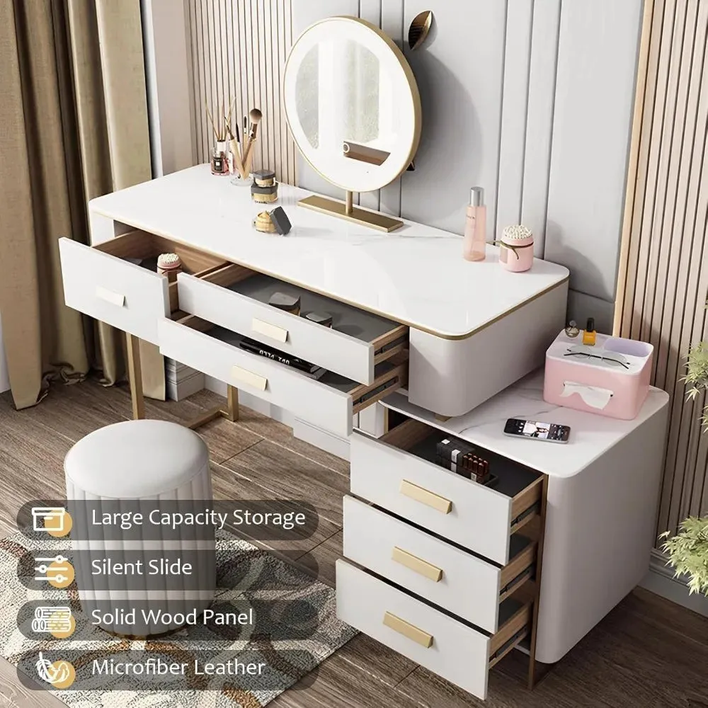 Leather Makeup Vanity Desk with Freely Movable Side Cabinet, LED Mirror, and Wireless Charging