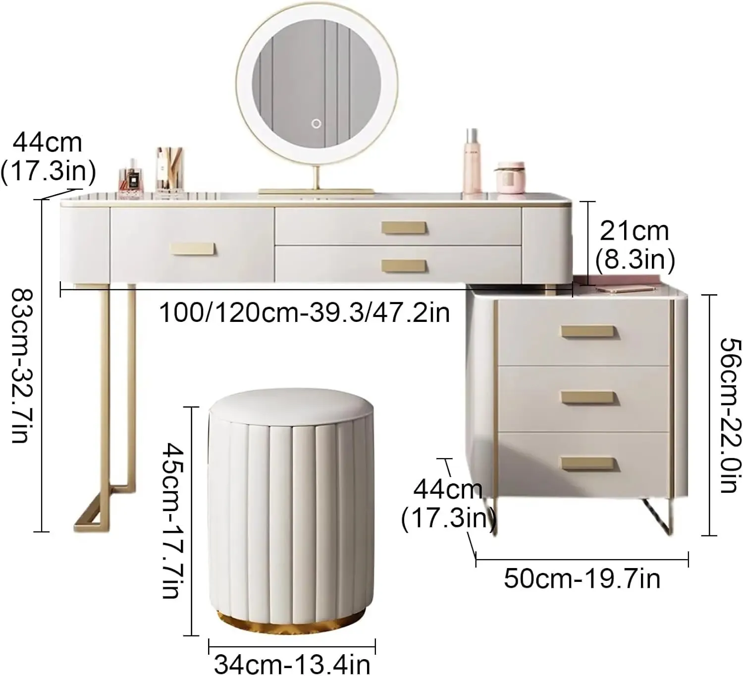 Leather Makeup Vanity Desk with Freely Movable Side Cabinet, LED Mirror, and Wireless Charging