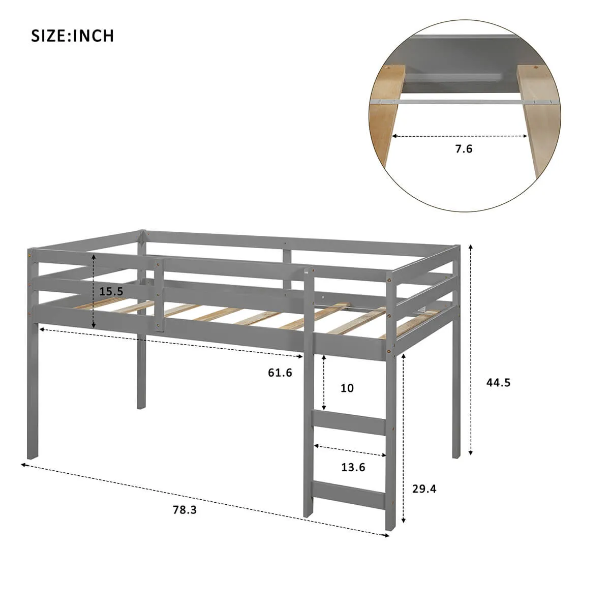 Low Study Twin Loft Bed with Cabinet and Rolling Portable Desk, Gray