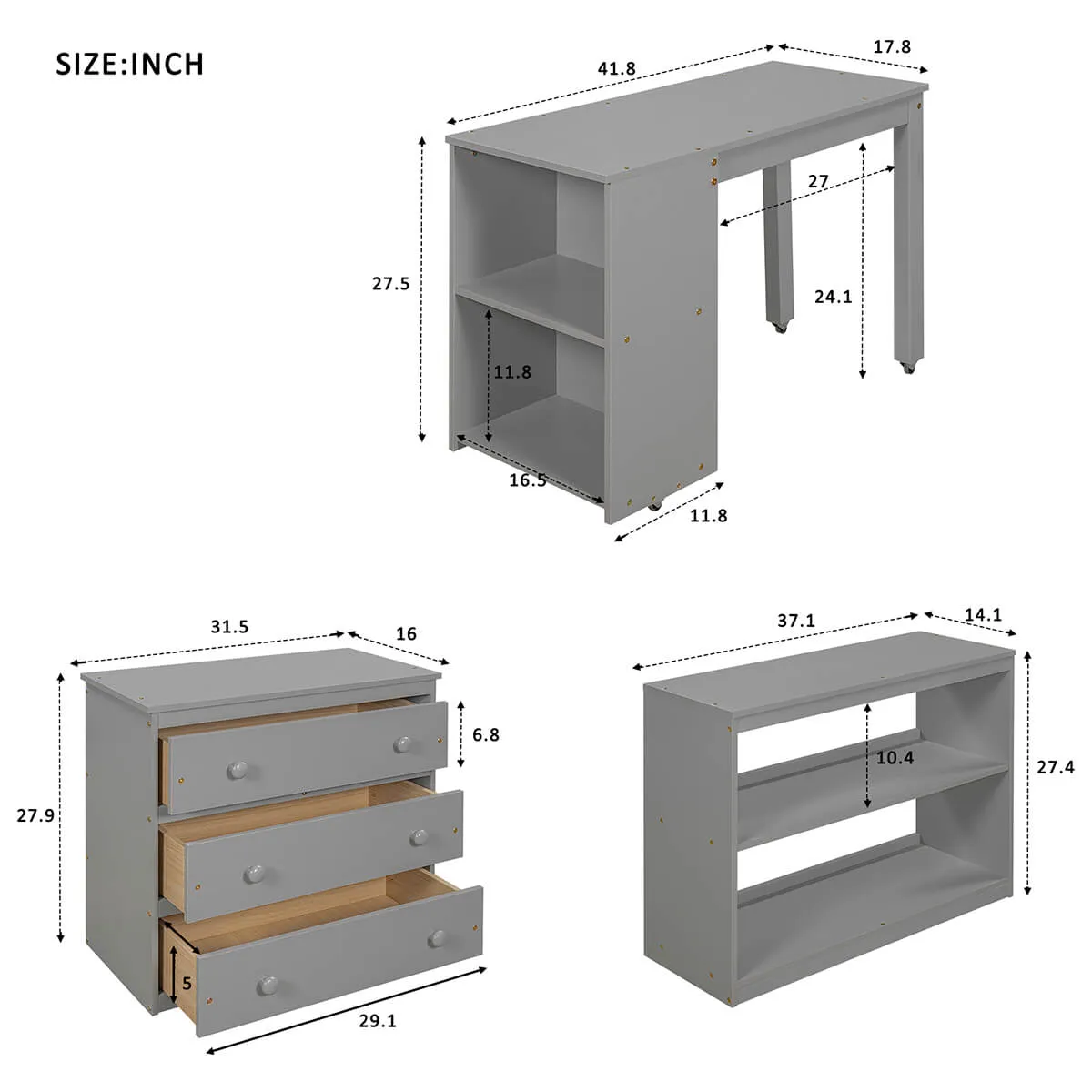 Low Study Twin Loft Bed with Cabinet and Rolling Portable Desk, Gray