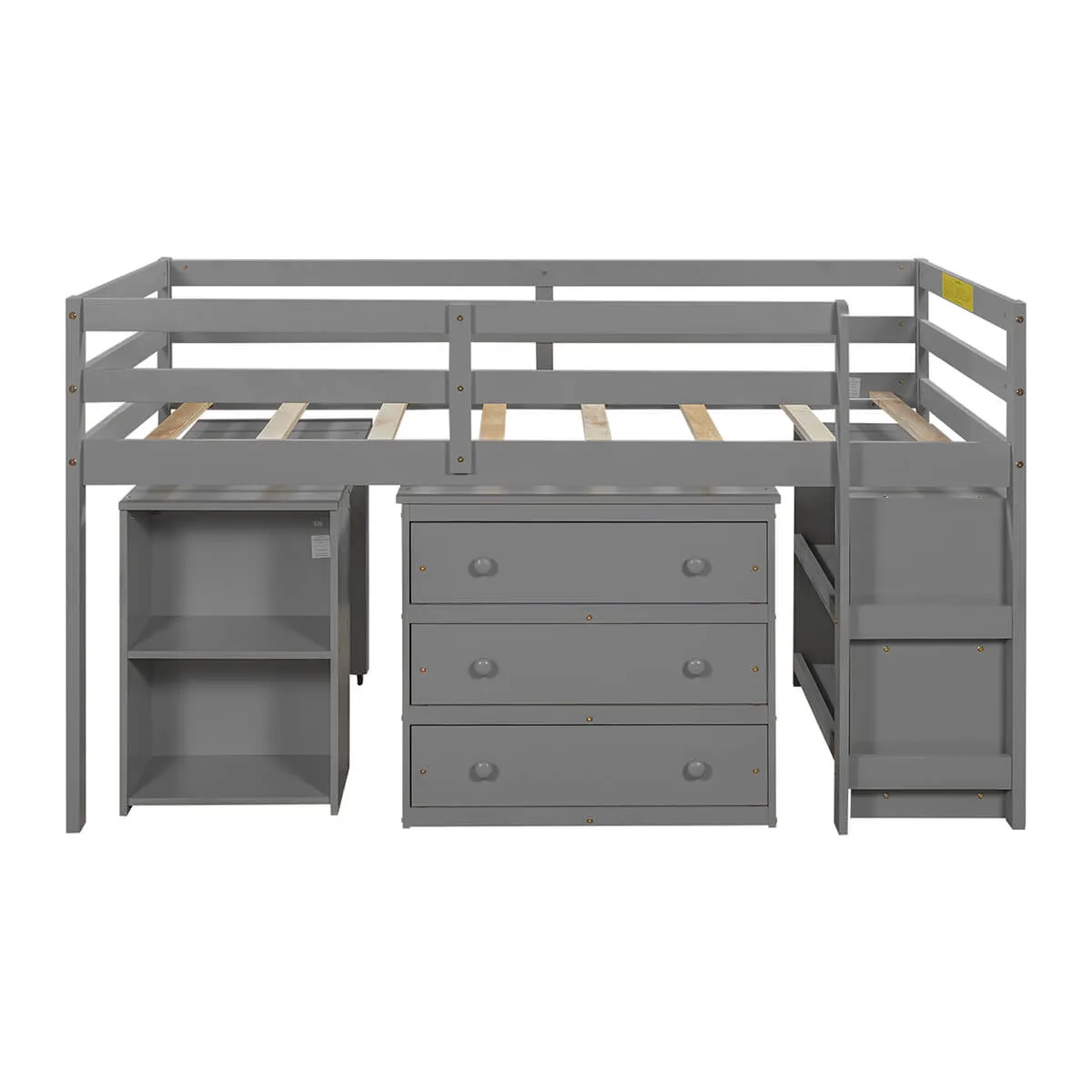 Low Study Twin Loft Bed with Cabinet and Rolling Portable Desk, Gray