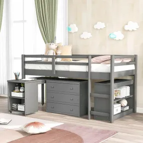 Low Study Twin Loft Bed with Cabinet and Rolling Portable Desk, Gray