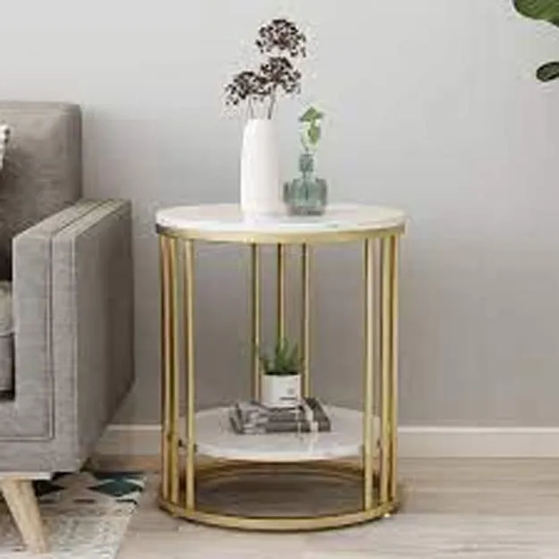 MACKWUD Coffee Table for Living Room,Bedroom Bedside Table Contemporary Accent Coffee and Snack End Table Top with Gold Metal Frame White/Gold