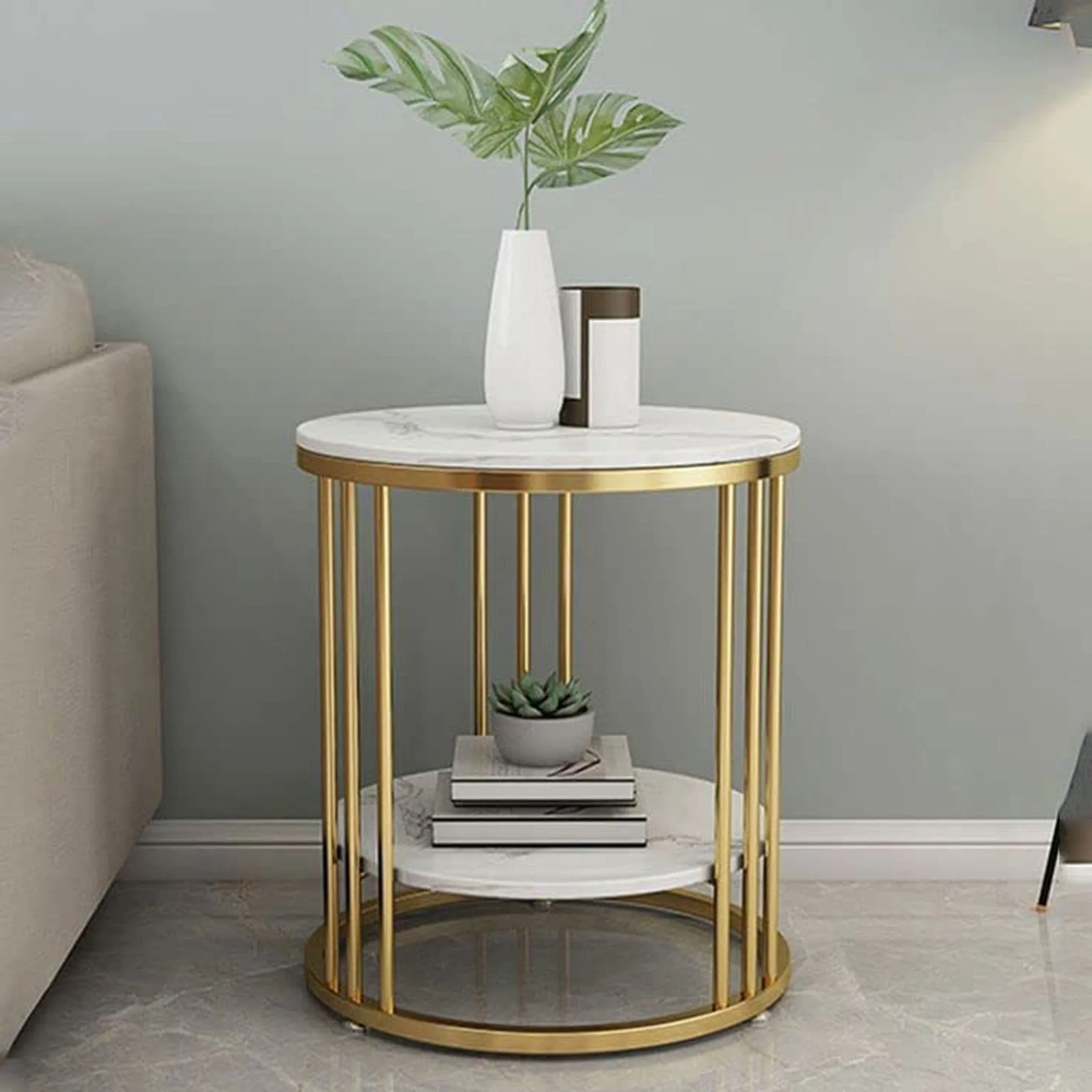 MACKWUD Coffee Table for Living Room,Bedroom Bedside Table Contemporary Accent Coffee and Snack End Table Top with Gold Metal Frame White/Gold