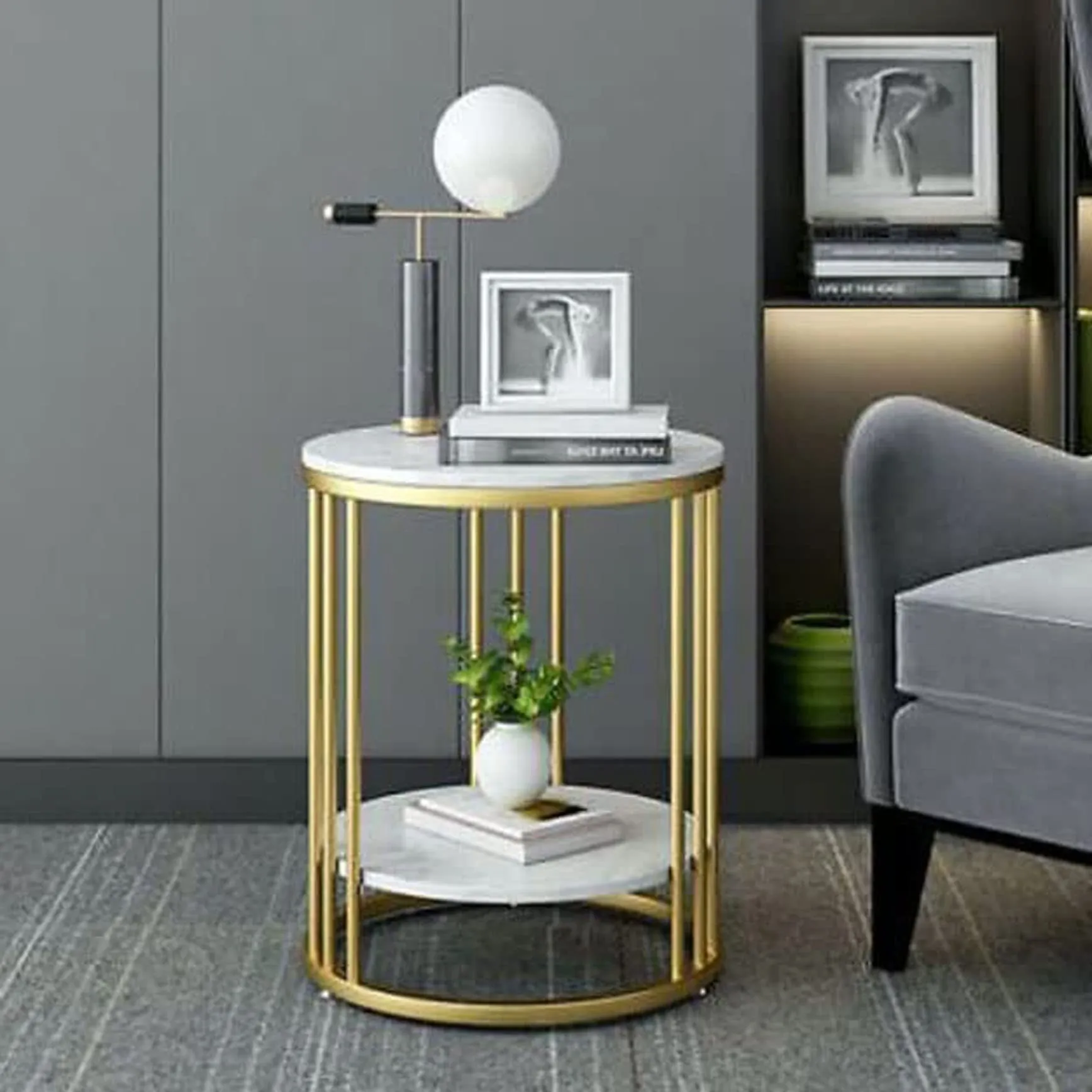 MACKWUD Coffee Table for Living Room,Bedroom Bedside Table Contemporary Accent Coffee and Snack End Table Top with Gold Metal Frame White/Gold