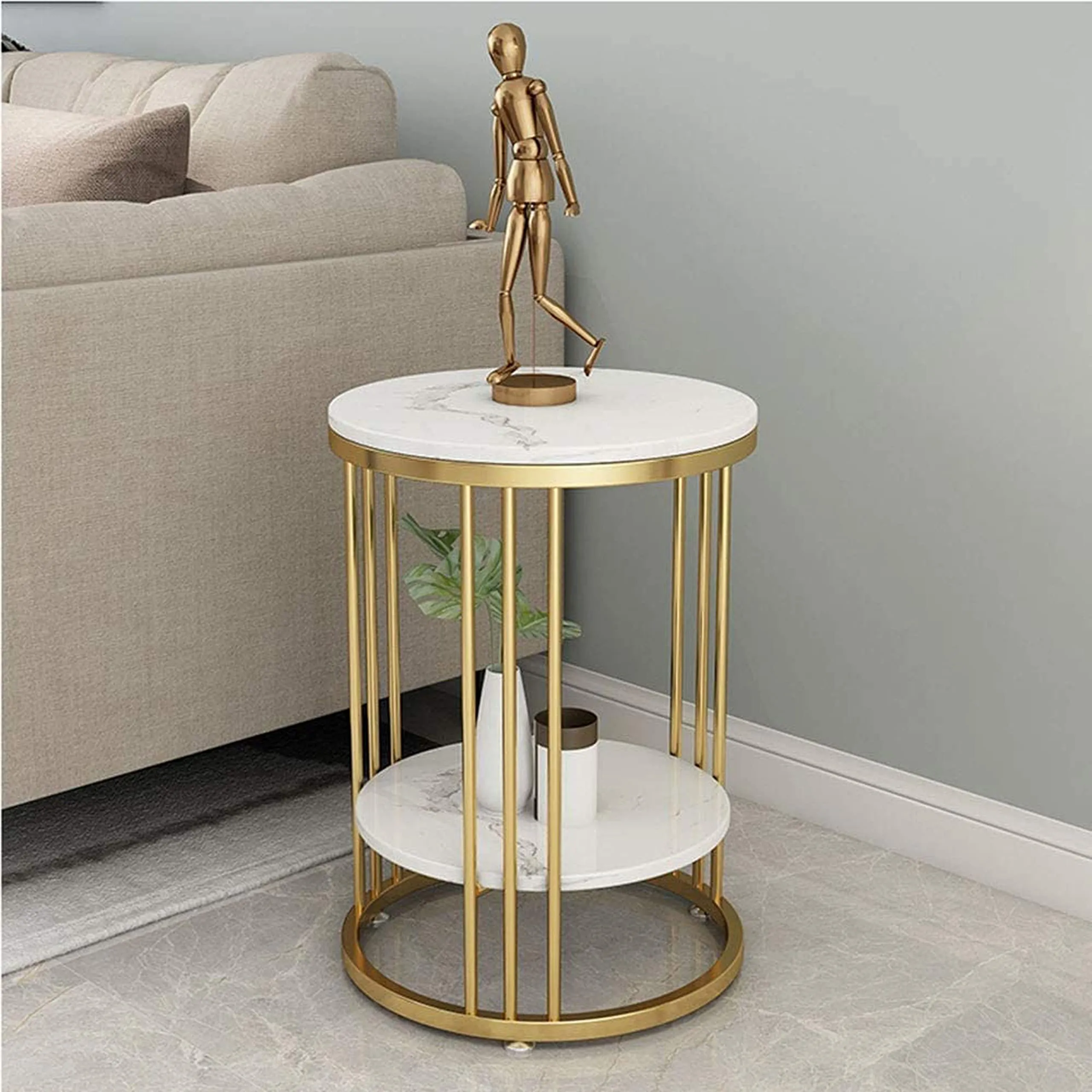 MACKWUD Coffee Table for Living Room,Bedroom Bedside Table Contemporary Accent Coffee and Snack End Table Top with Gold Metal Frame White/Gold