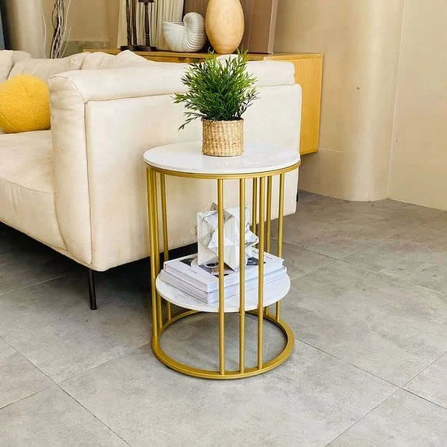 MACKWUD Coffee Table for Living Room,Bedroom Bedside Table Contemporary Accent Coffee and Snack End Table Top with Gold Metal Frame White/Gold