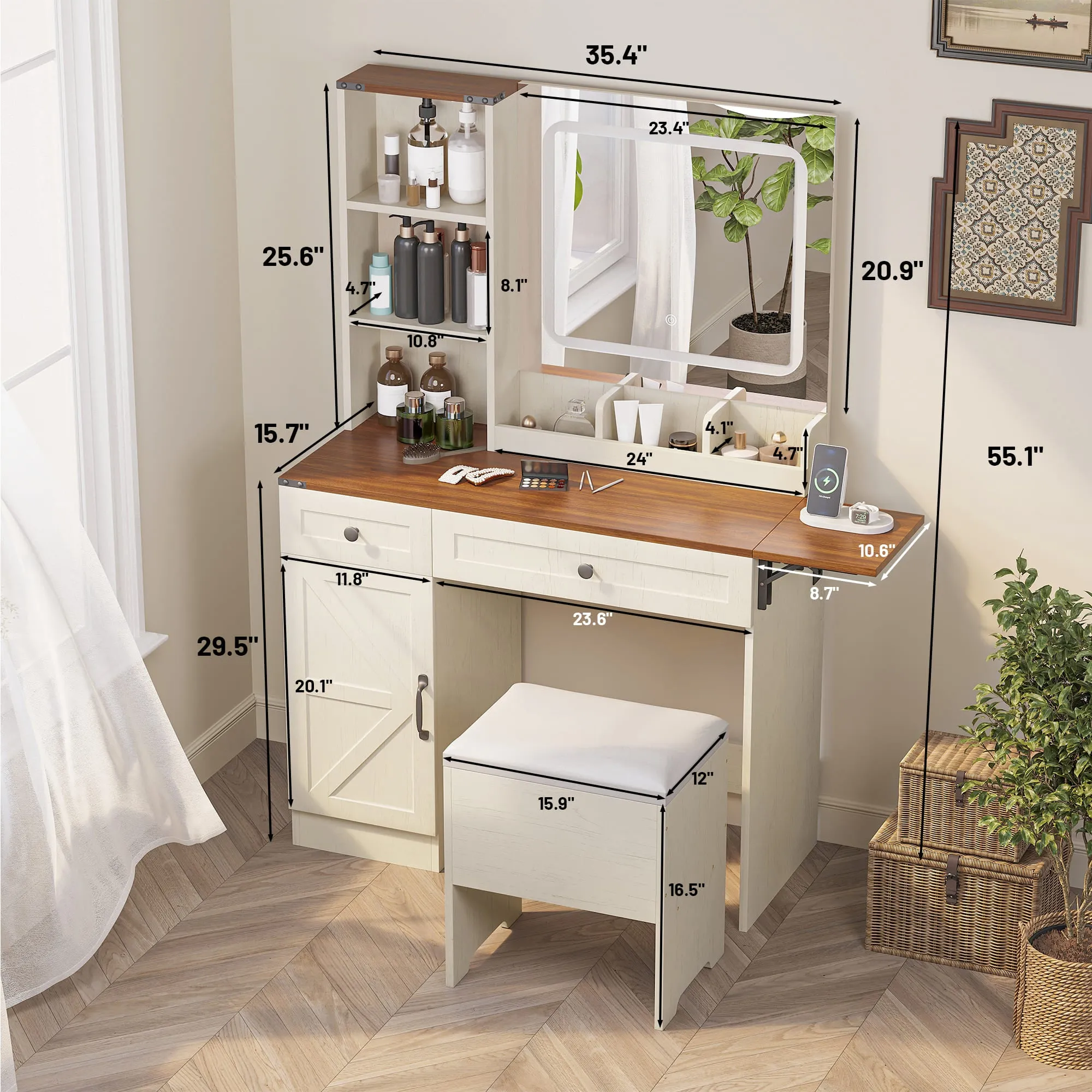 Makeup Vanity Desk with Sliding LED Lighted Mirror