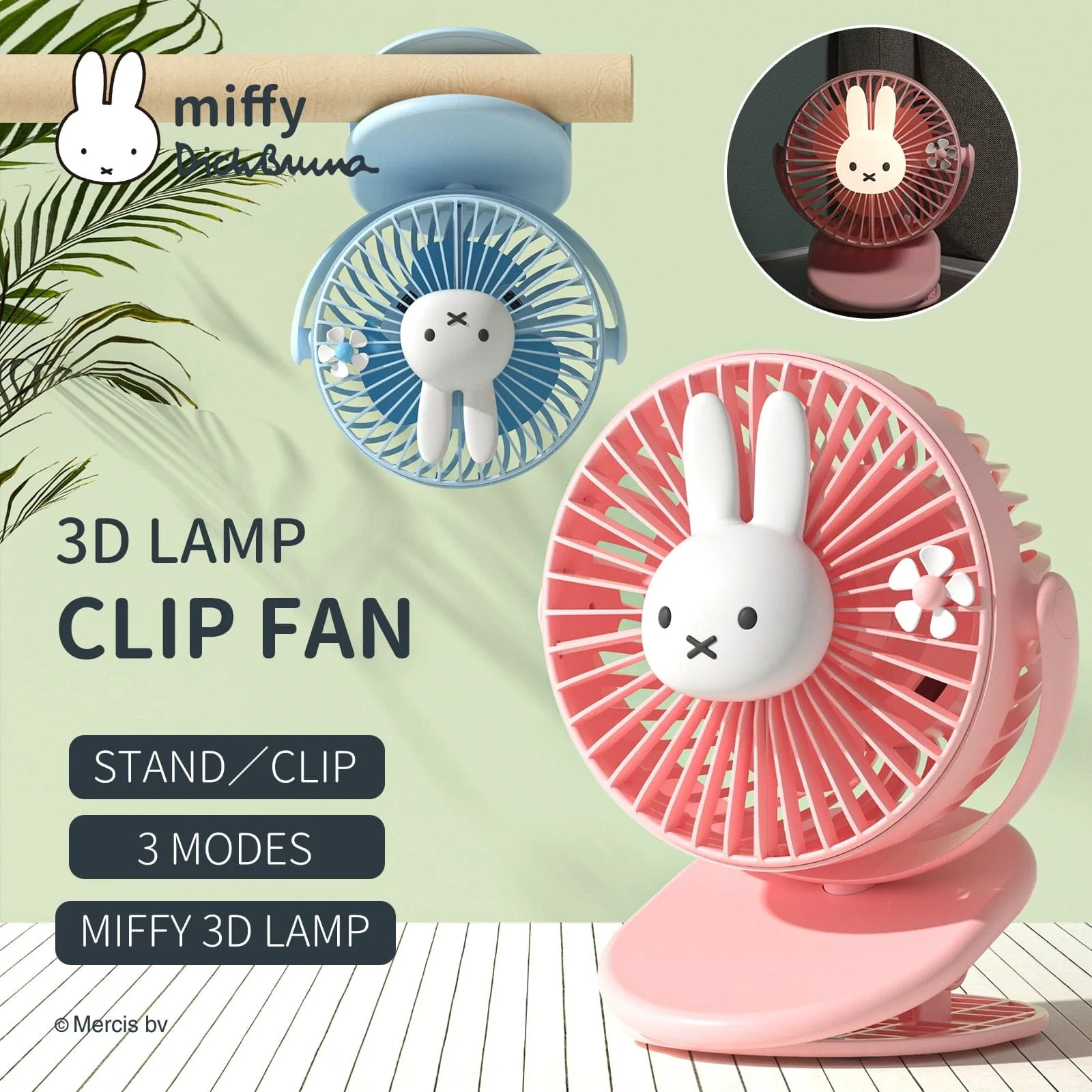 Miffy USB Rechargeable 3D Lamp Clip Fan