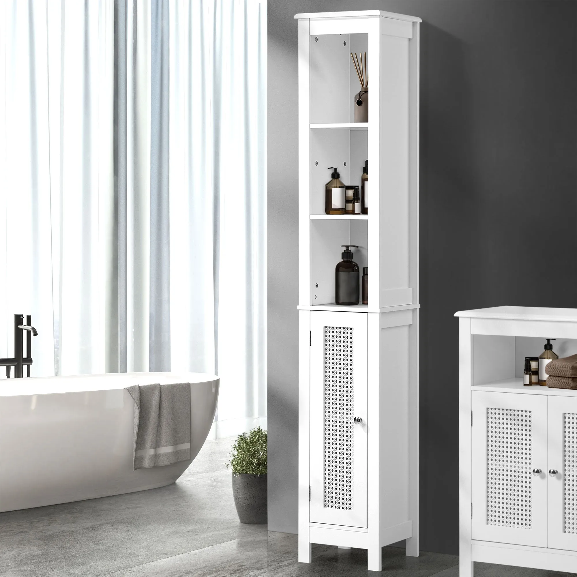 Oikiture Bathroom Cabinet Storage Laundry Tall Slim Cupboard Rattan Door White