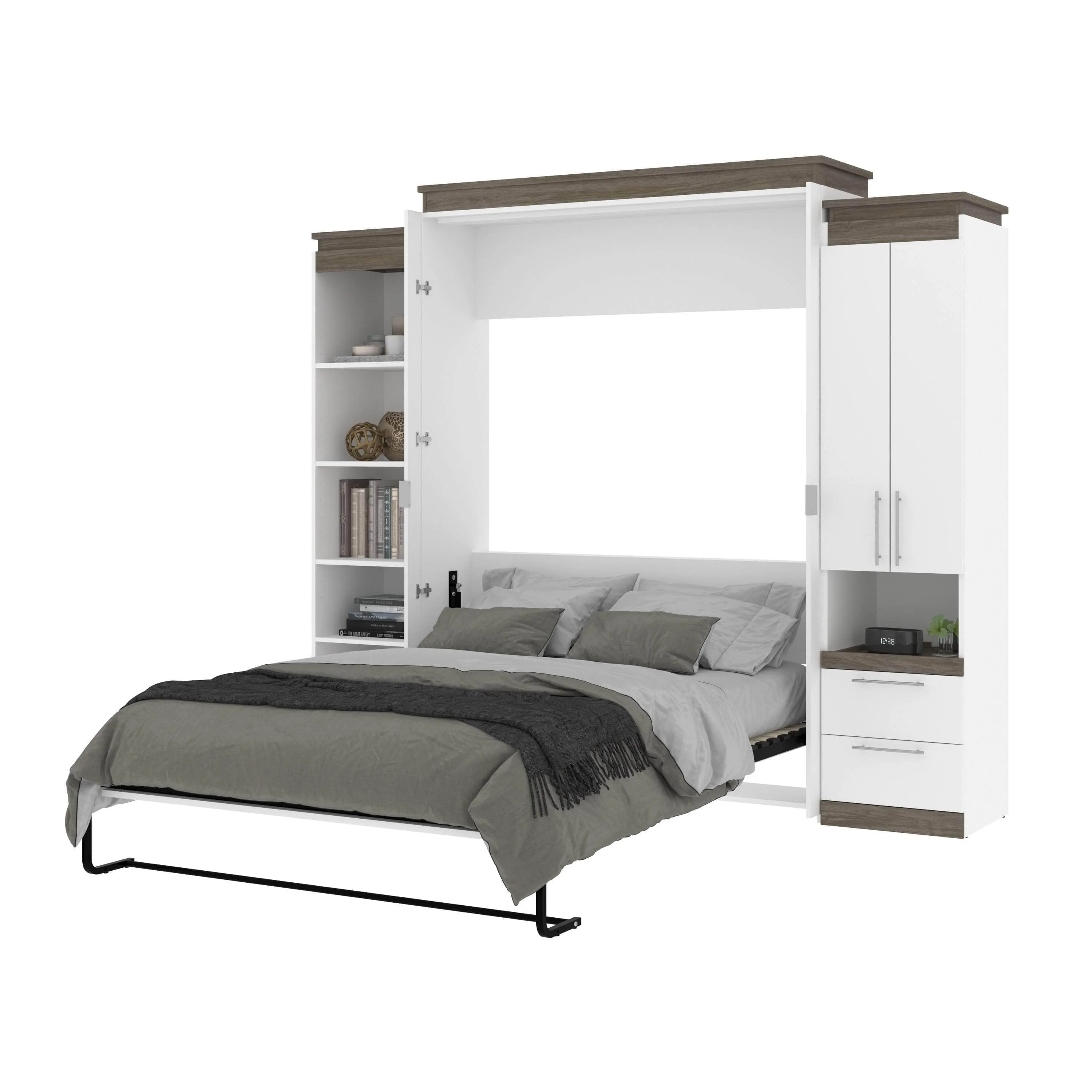 Orion 104"W Queen Murphy Wall Bed with Narrow Storage Solutions - Available in 2 Colours